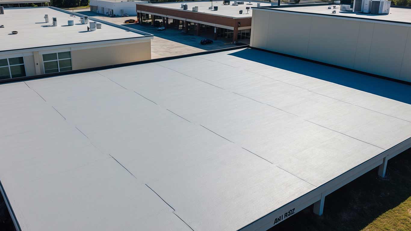 Augustino Brothers commercial roof installation on a business property in Mandeville, LA, featuring seamless flat roofing materials