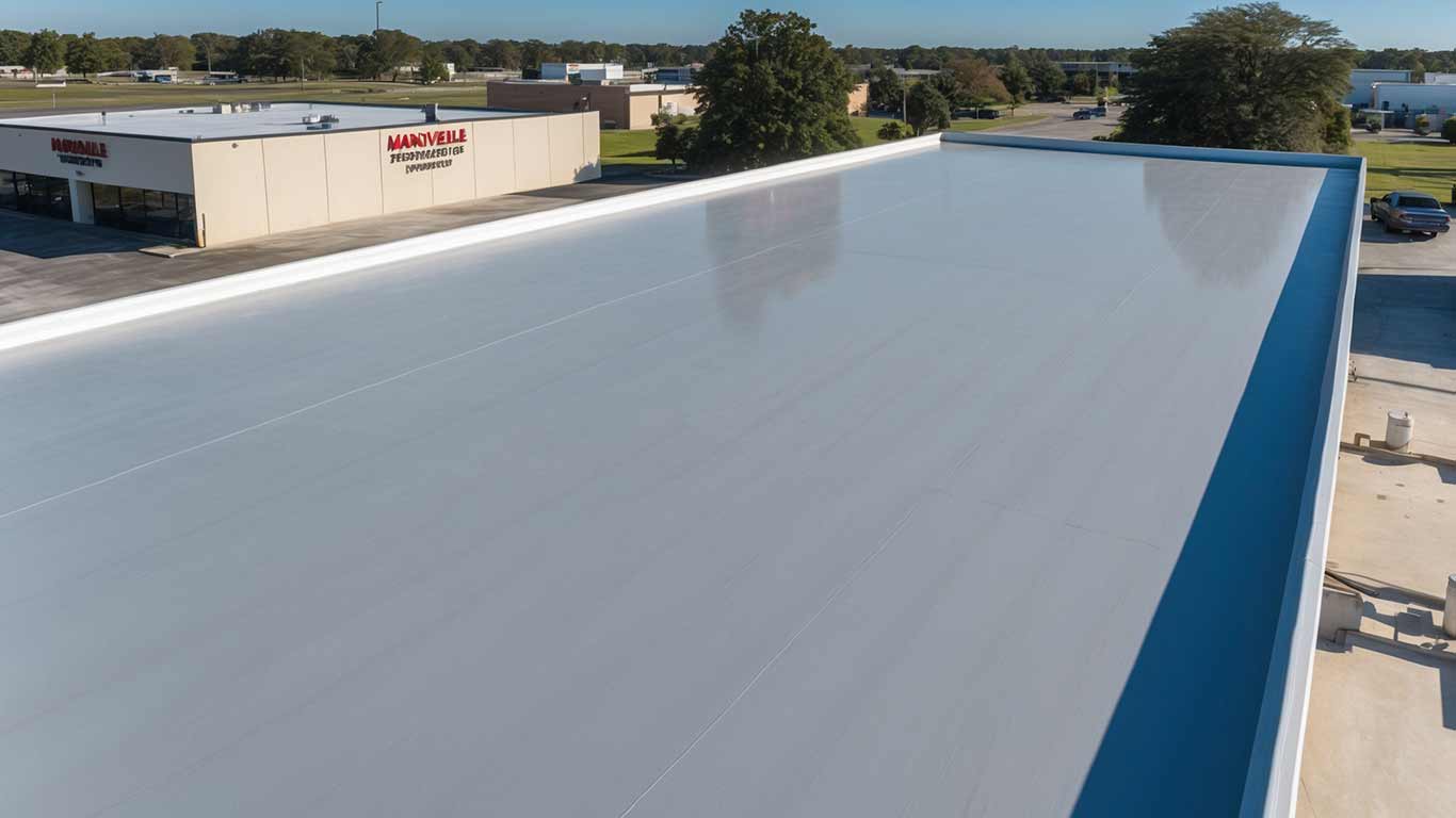 Augustino Brothers commercial roofing installation on a Covington, LA business property, featuring seamless flat roofing