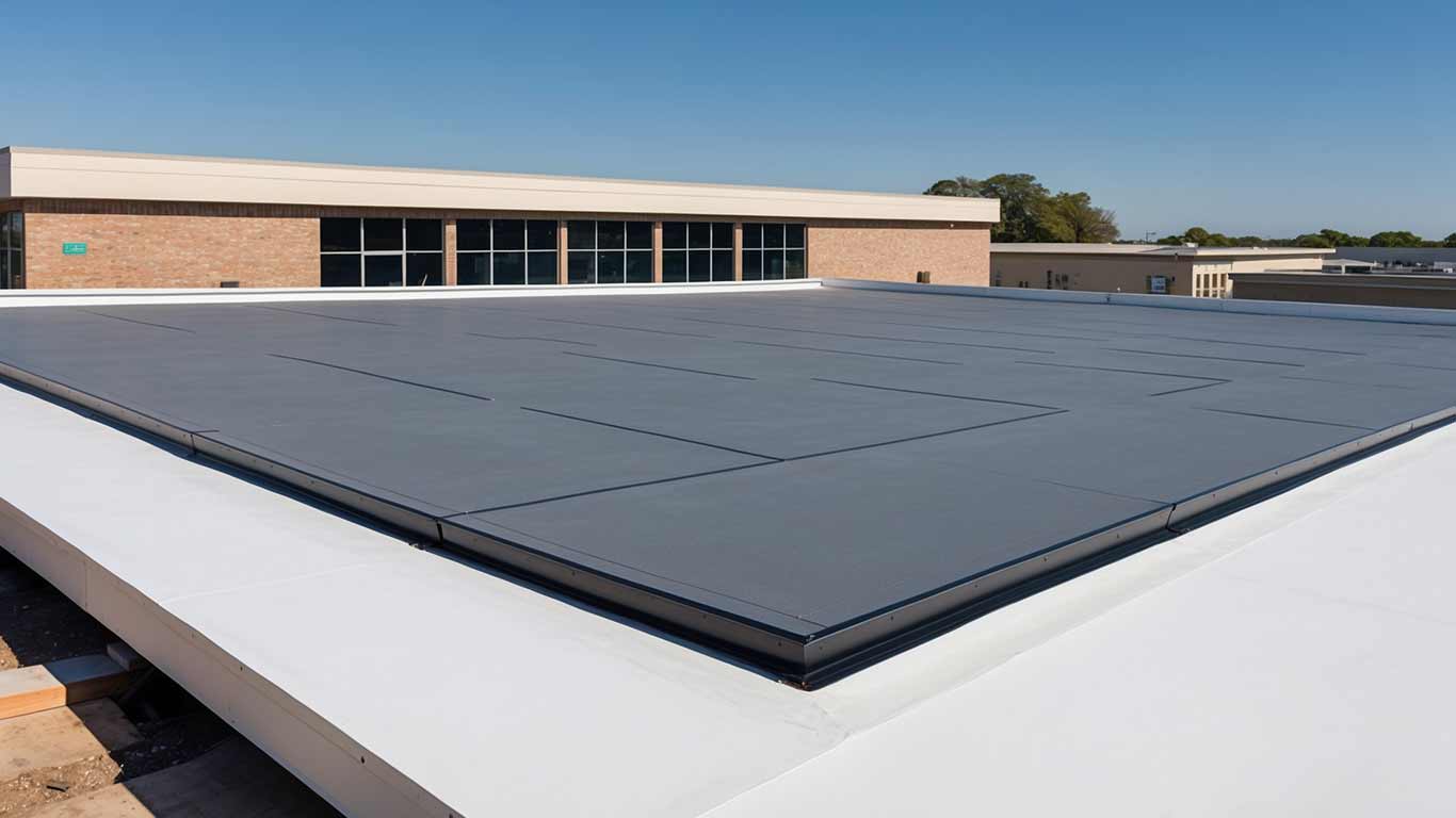 Augustino Brothers commercial flat roof installation in Metairie, LA, showcasing seamless and durable roofing materials.