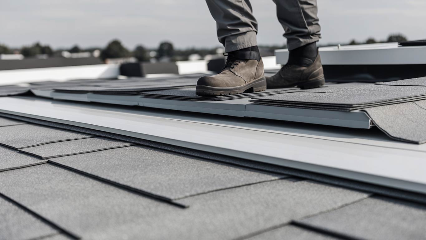 Close-up of a fortified roofing system being installed on a commercial roof in New Orleans, designed for enhanced weather resistance.