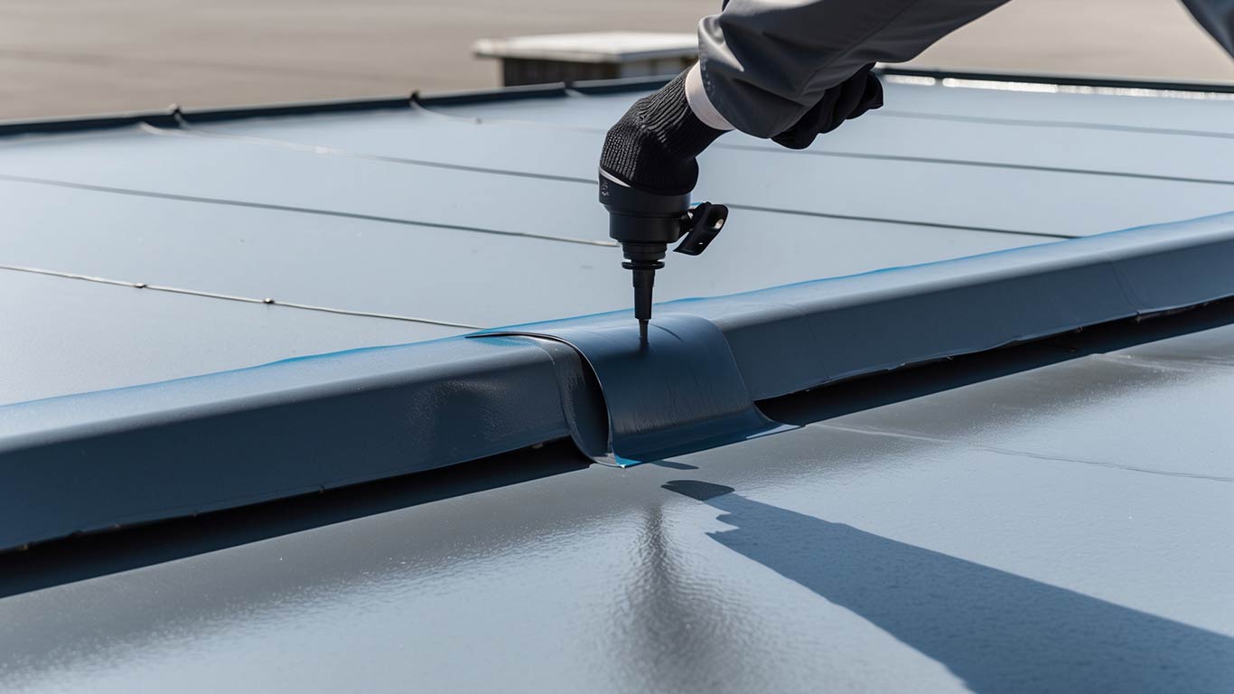 Top-down view of an industrial flat roof during coating application, showing seamless waterproofing.