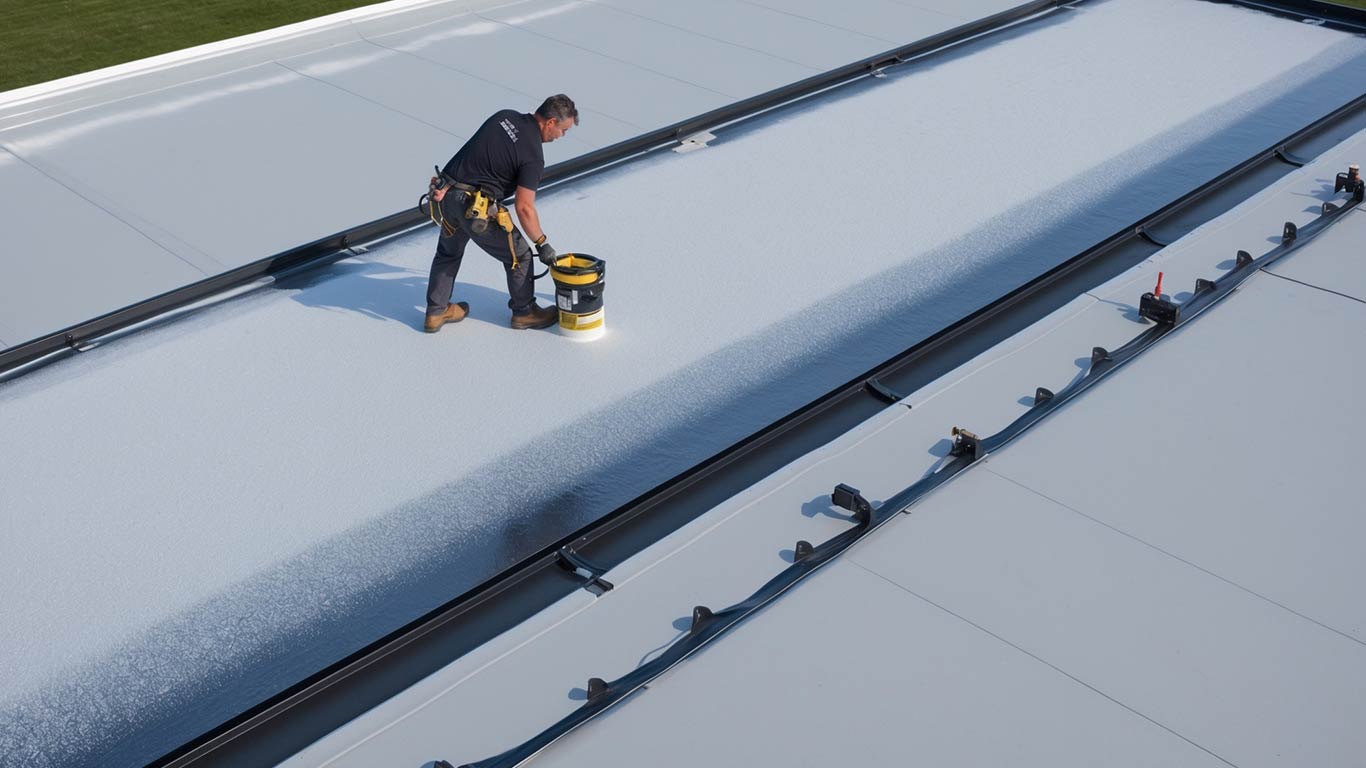 Wide-angle view of a metal roof with a reflective coating, enhancing durability and energy efficiency.