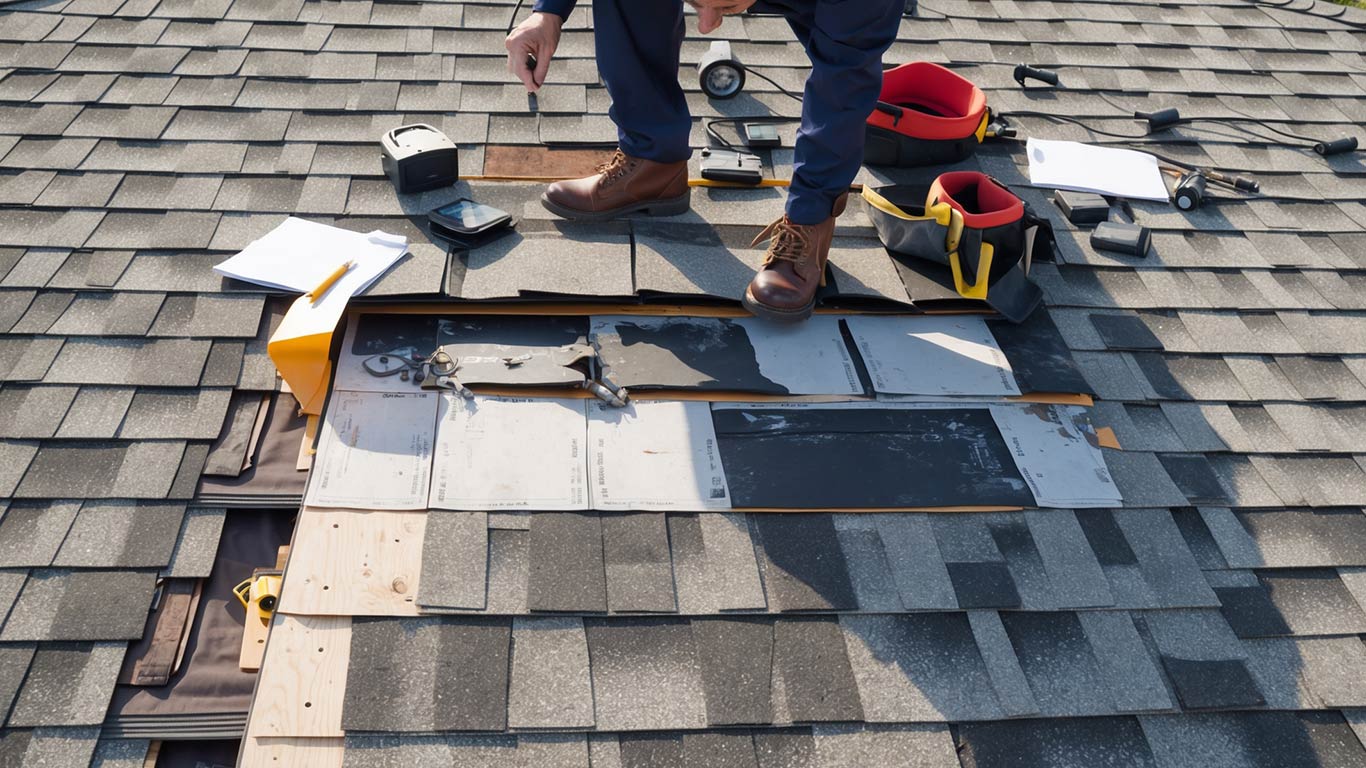 Elevated view of roof inspection for insurance claim in New Orleans, with roofer assessing shingles for damage.