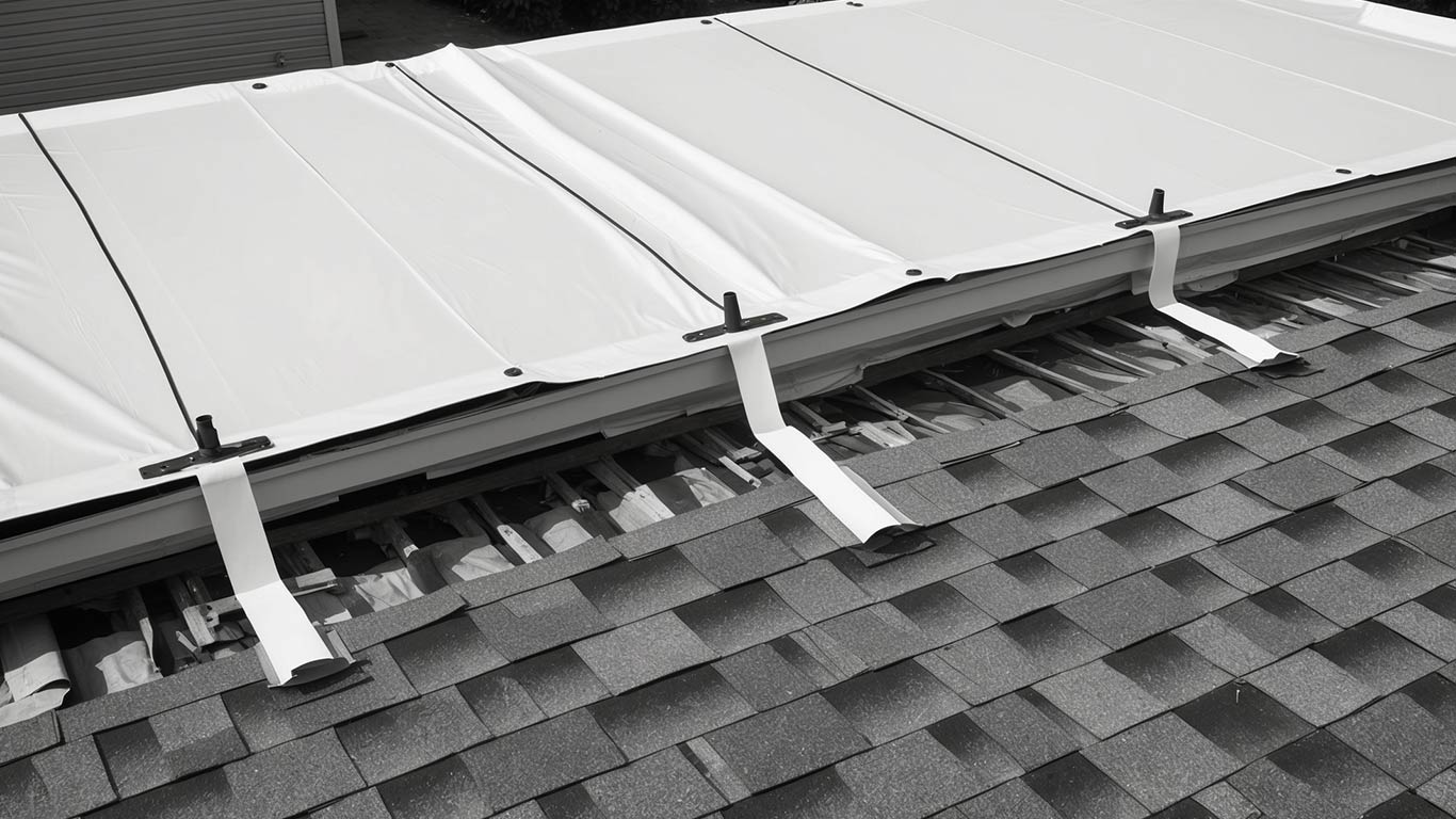 Close-up of storm-damaged roof in New Orleans, showing missing shingles and cracks for insurance assessment.