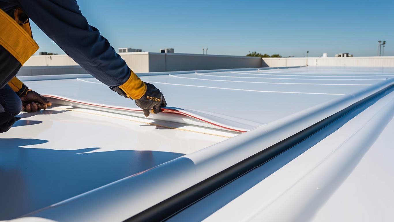 TPO roof repair for a commercial building in New Orleans, showing reflective membrane for energy efficiency.