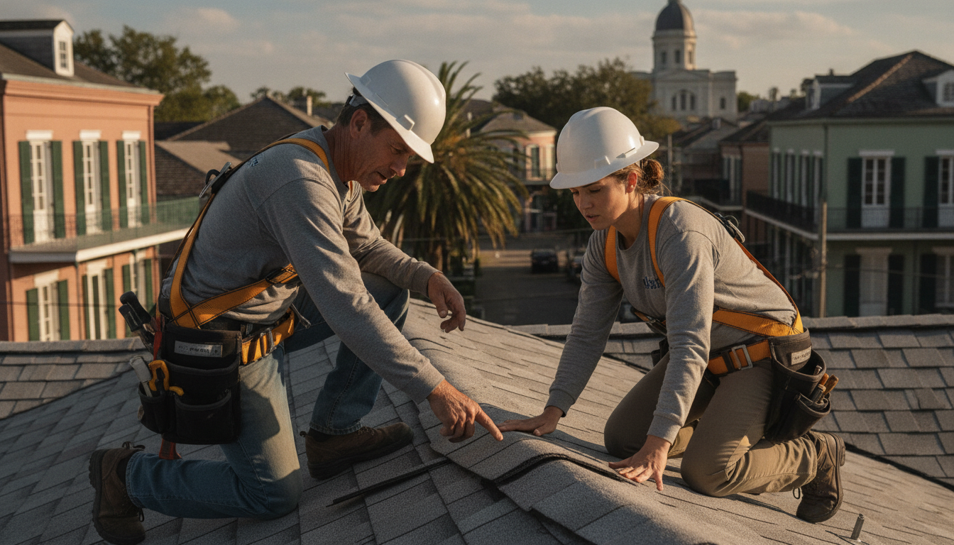 Augustino Brothers roofing crew inspecting a New Orleans roof