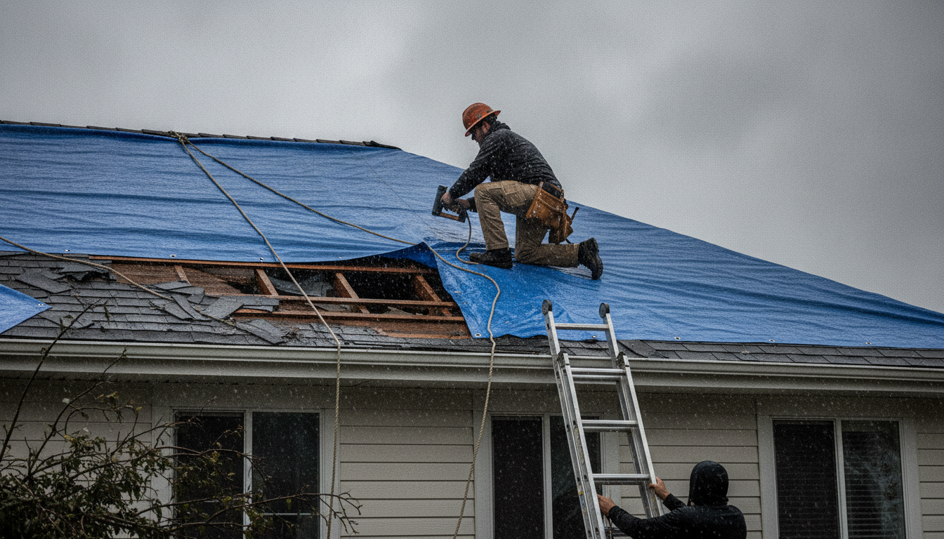 Emergency roof tarping after storm damage