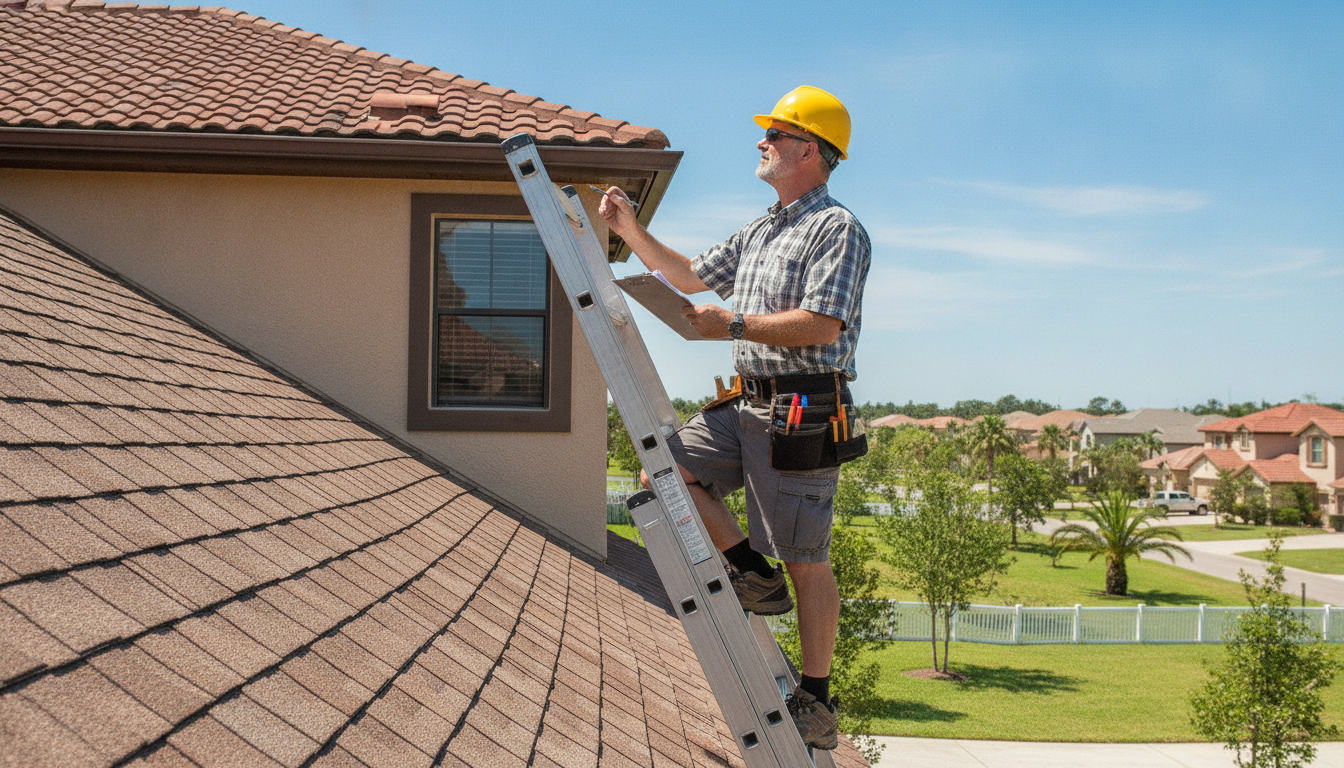 Roofer inspecting a residential roof