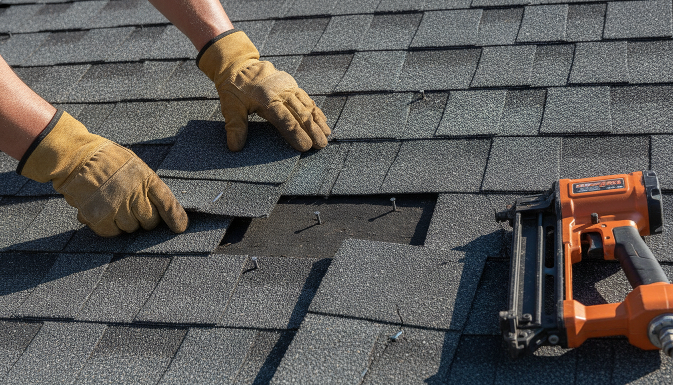 Roofer repairing a section of damaged shingles