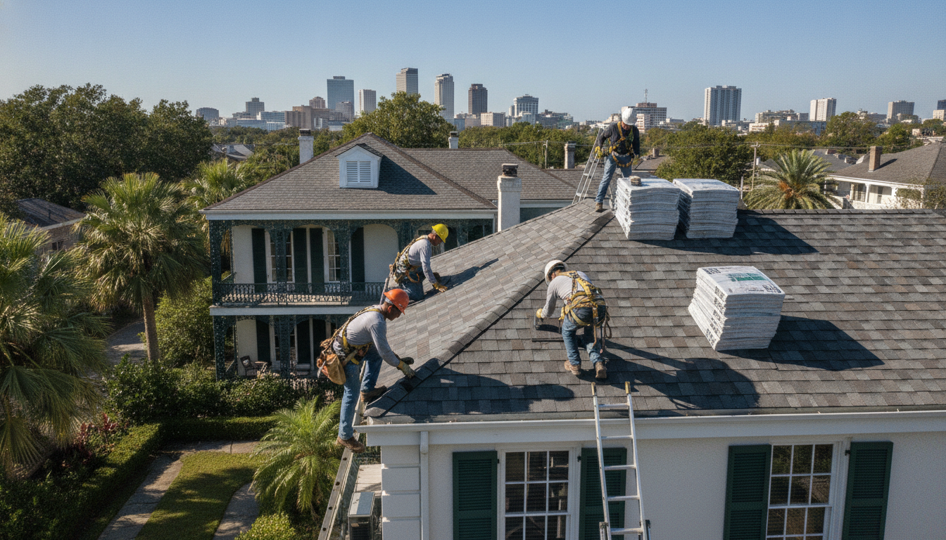 Roofing crew installing new shingles